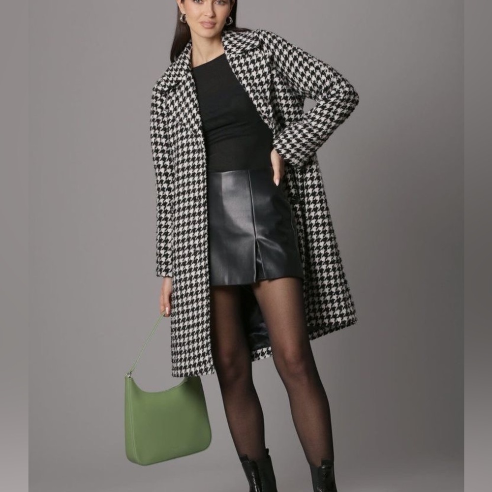 Vintage Houndstooth Trench Coat Knee Length Black White Coat